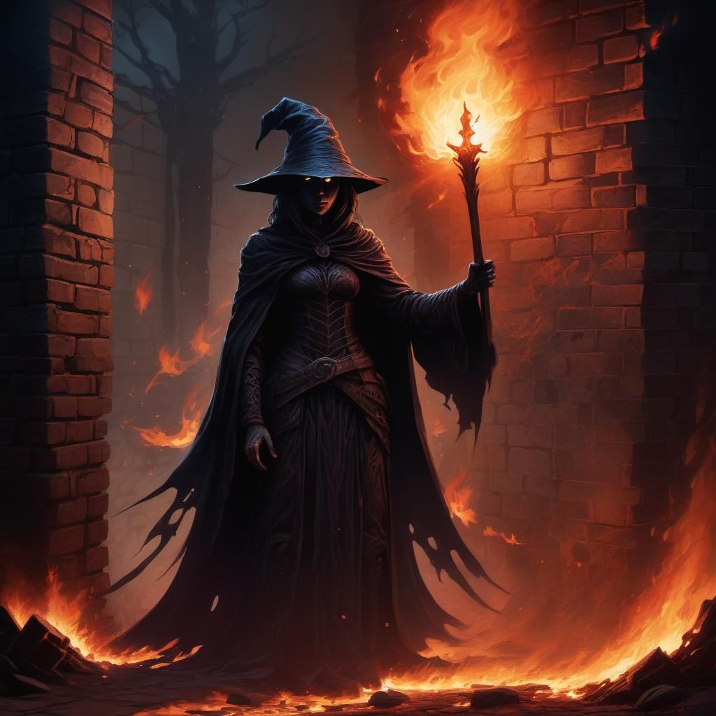 Battle Witch Shadow Over Burned Village Scene