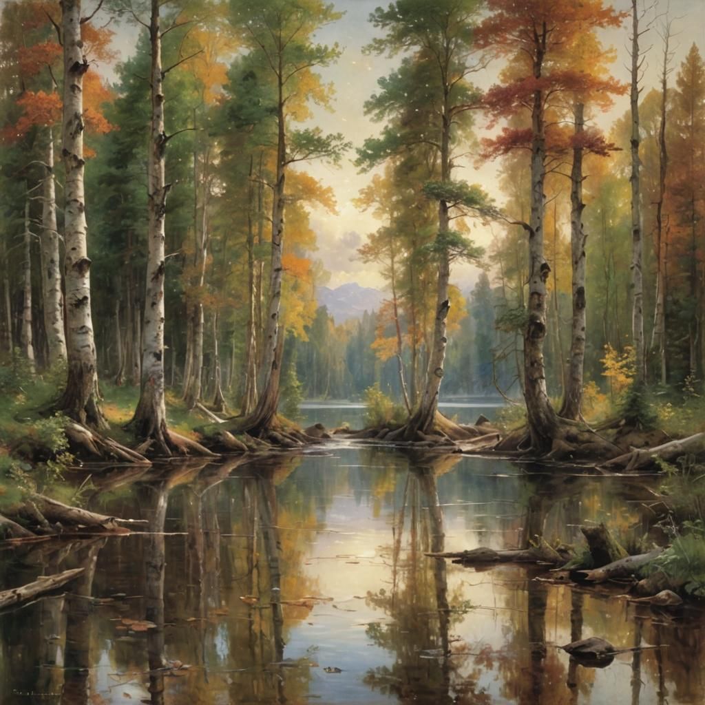 Birch Forest Lake in Landscape Painting Style