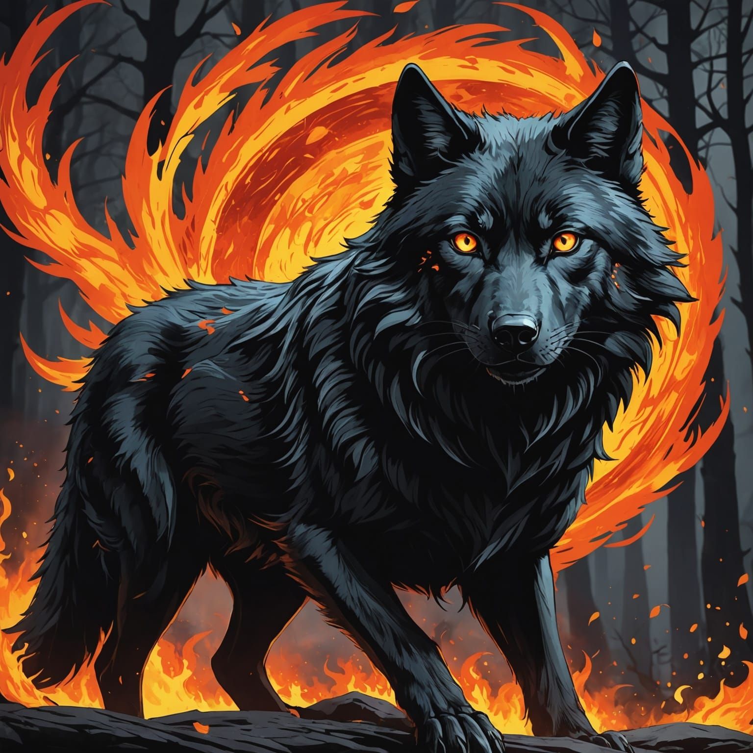 Fiery-Eyed Black Wolf in Anime Style