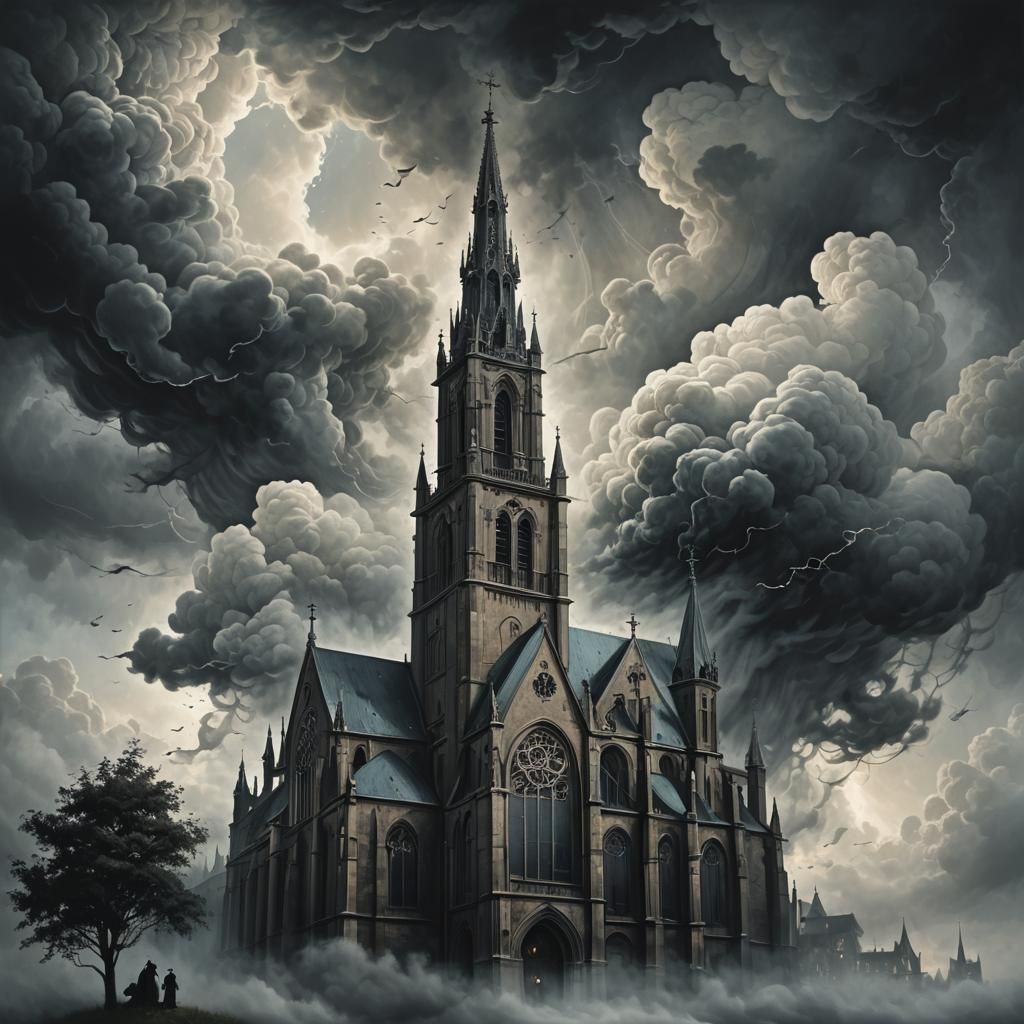 Surreal Gothic Church with Swirling Clouds