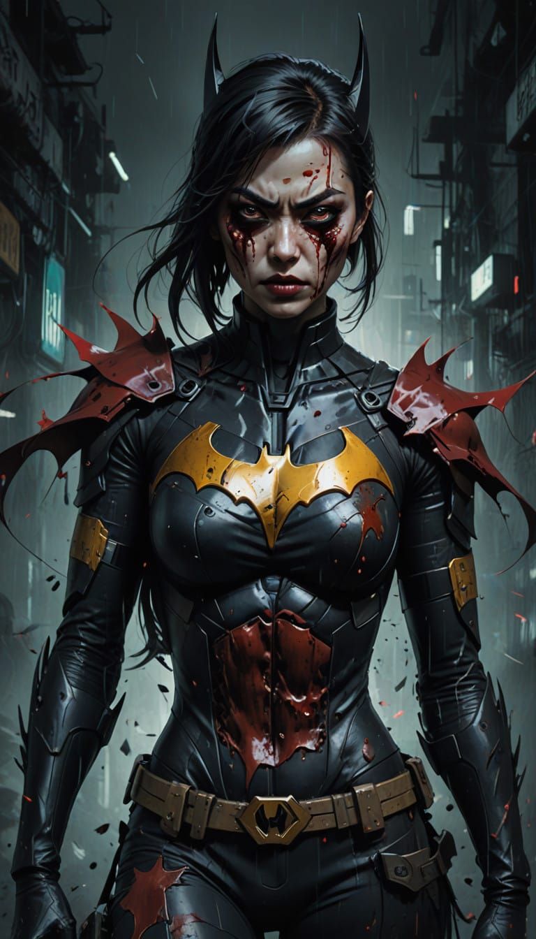 Cyberpunk Batgirl: Grisly, Ominous Portrait in Vibrant Oils