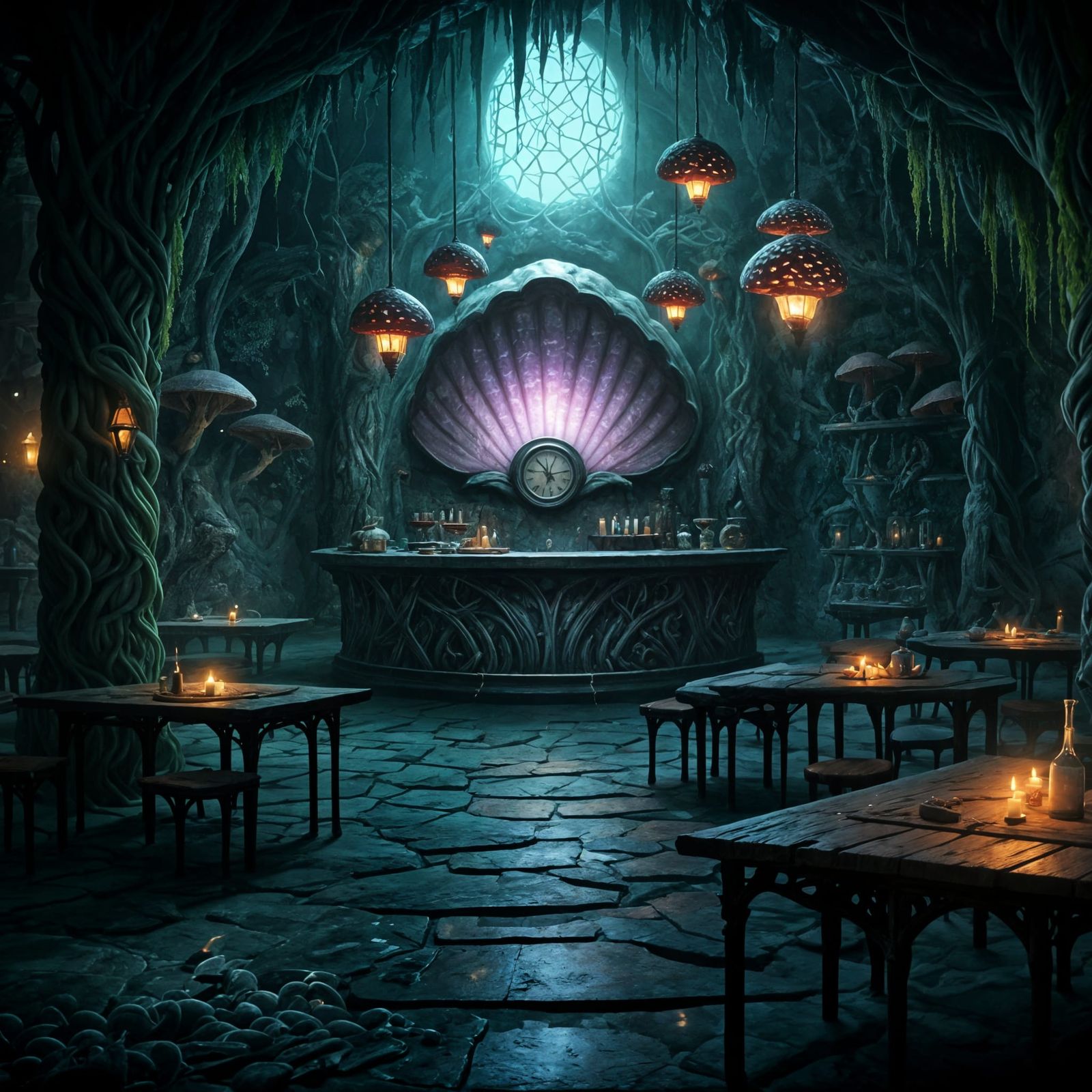 Eerie Tavern Interior with Luminescent Mushrooms