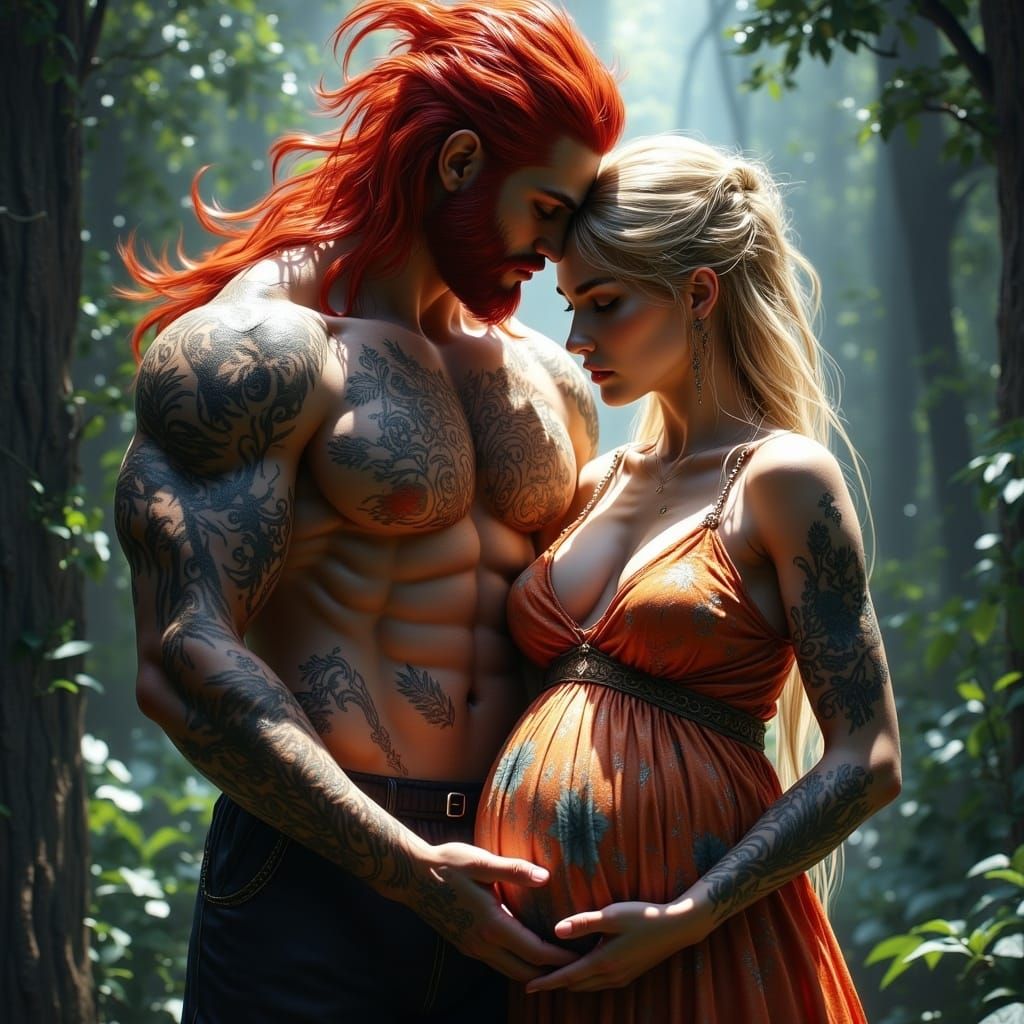 Fantasy Alpha Male with Pregnant Woman in Intricate Nordic R...