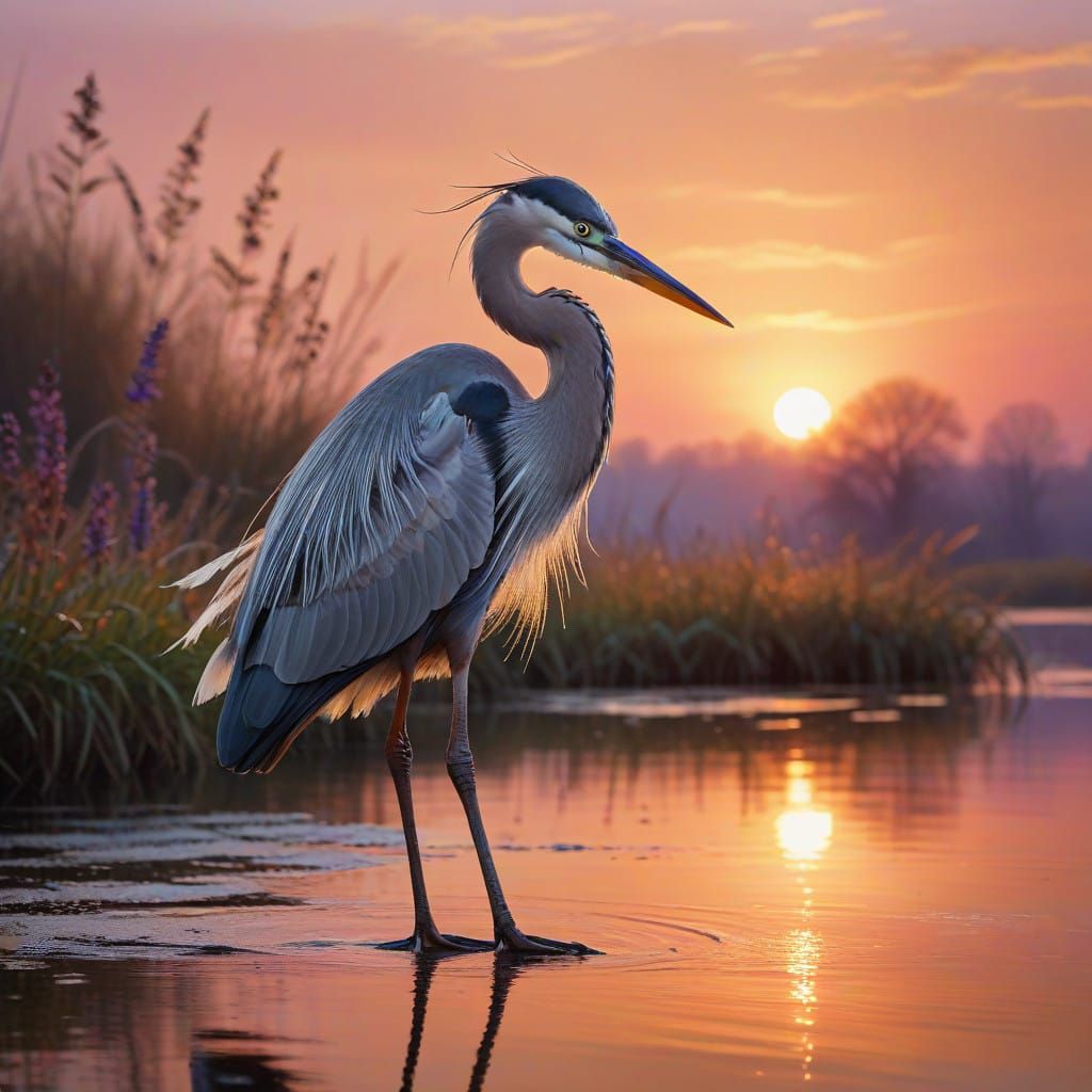 Serene Heron Silhouette in Vibrant Sunset
