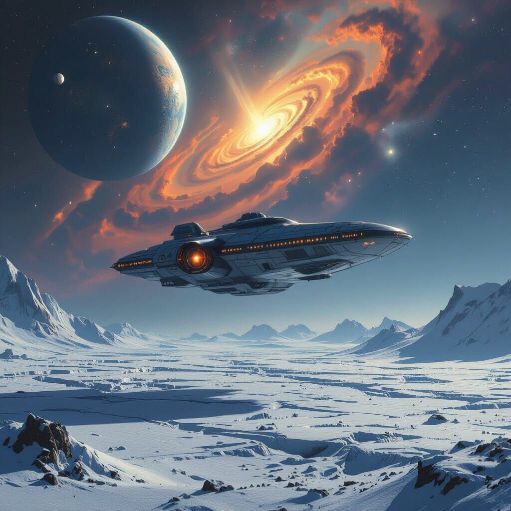 Spaceship Orbiting Icy Planet with Nebula View