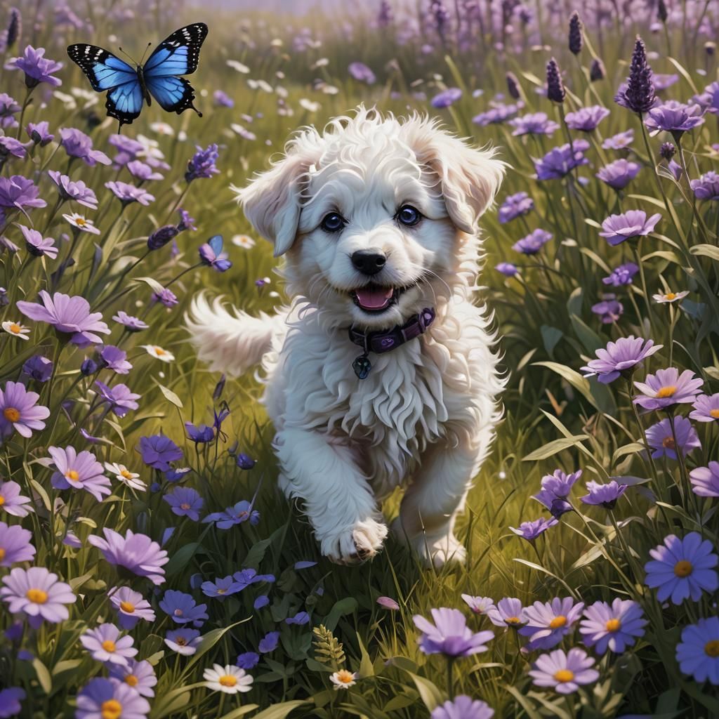 Puppy's Joyful Play in Flower Meadow: Fantasy Art