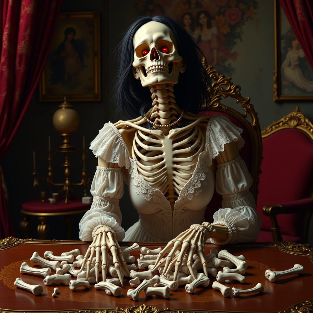 a female skeleton playing a game of bones in the style of Re...