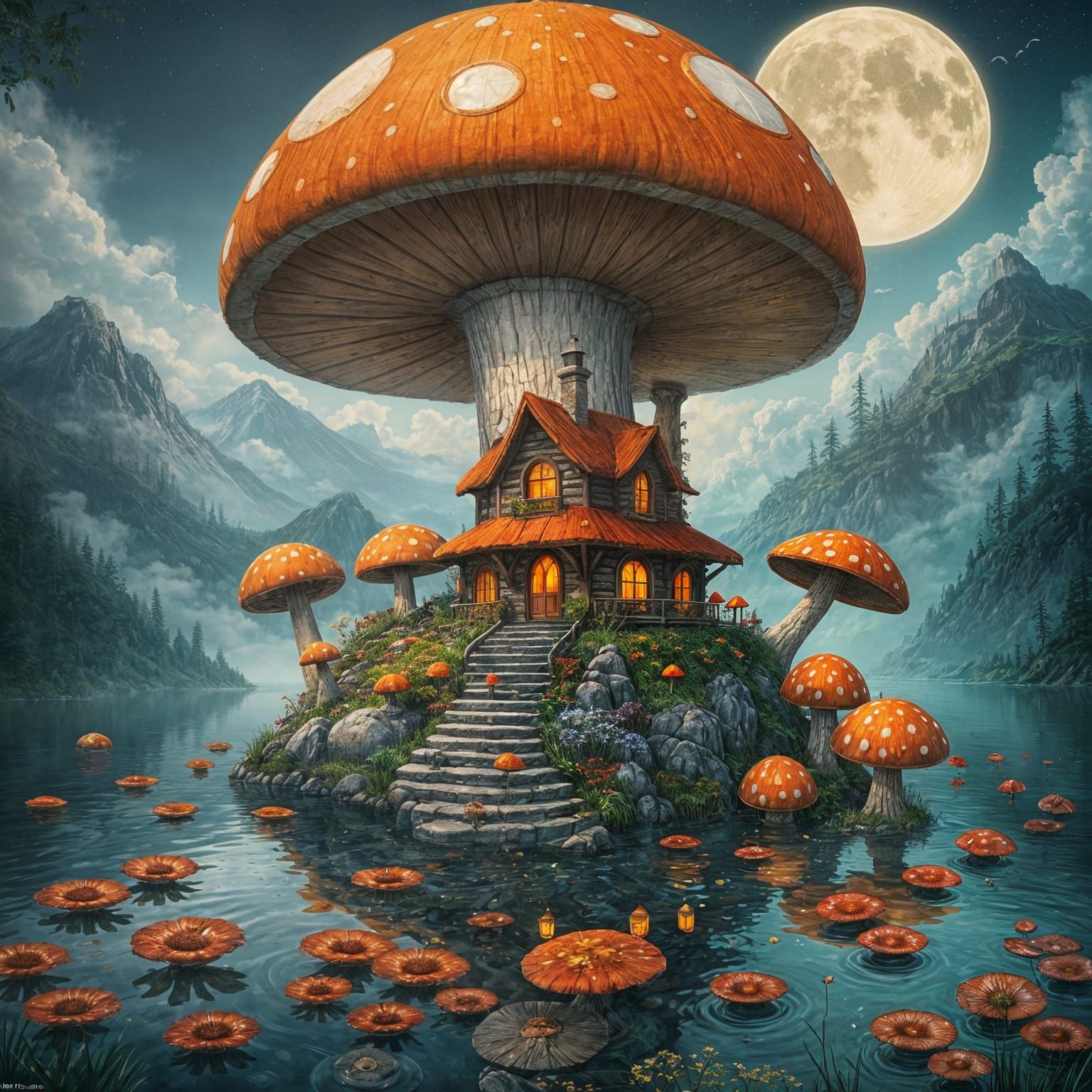 Whimsical Fantasy Home Under a Vibrant Orange Mushroom Roof