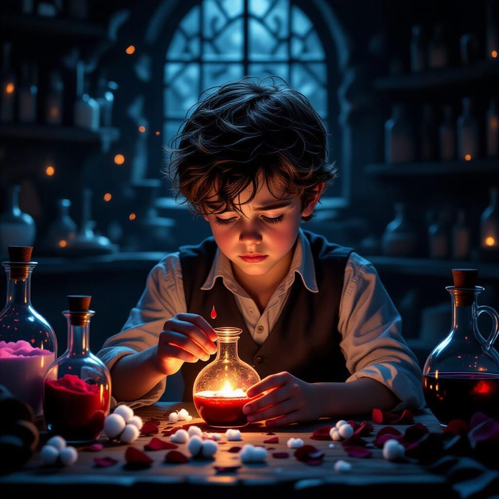 Sad Boy Crafts Love Potion in Dark Fantasy Style