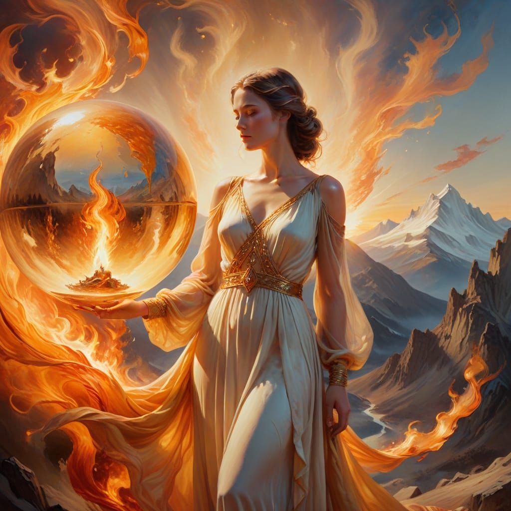 Surrealist Masterpiece of a Woman with Flame in Golden Spher...