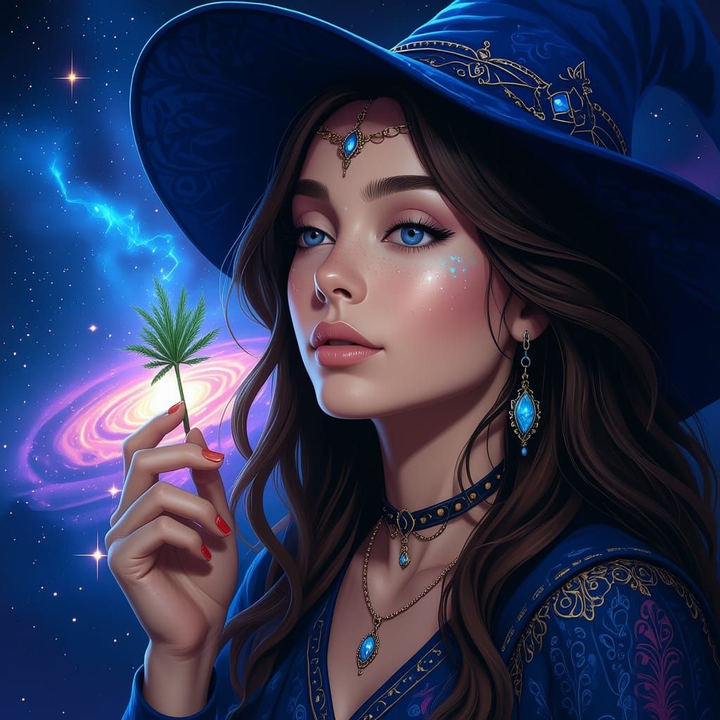 Cosmic Witch with Blue Eyes and Brown Hair in Matte Painting...