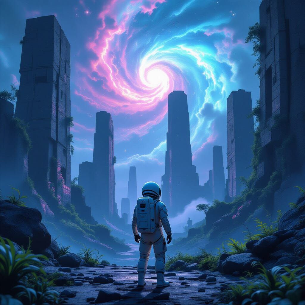 Astronaut Discovers Overgrown Alien City in Nebula Sky