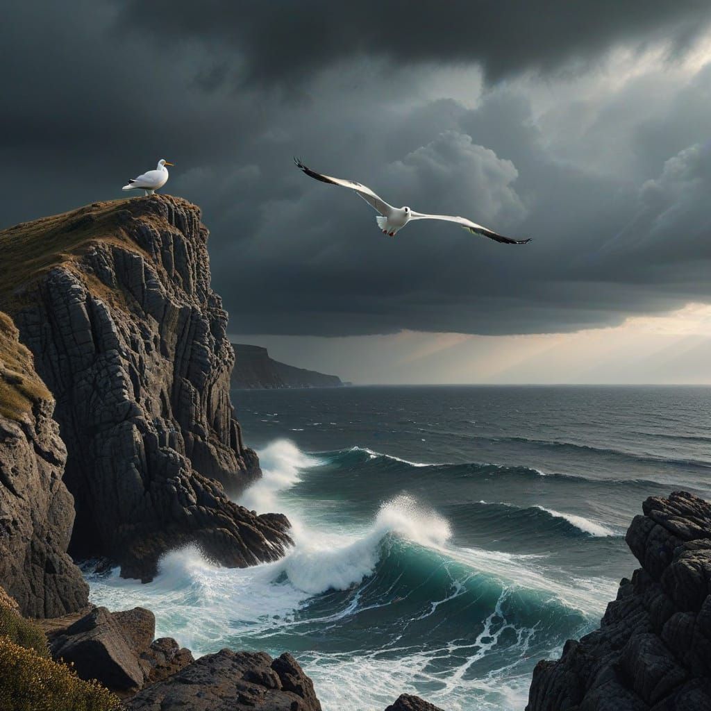 Hyperrealistic Sirens Fly Over a Stormy Sea