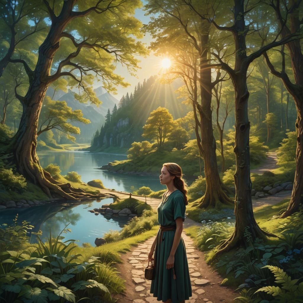 Woman in Sunlit Landscape: Vibrant Oil Painting