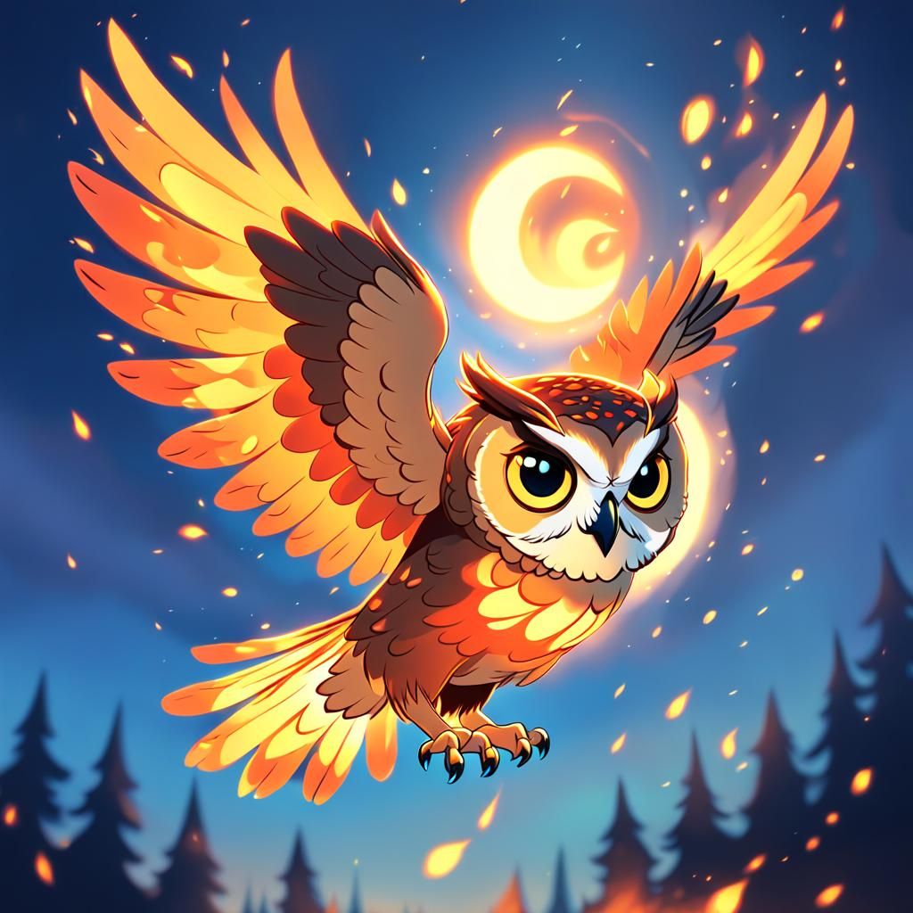 Cartoon Owl with Fiery Wings in 2D Illustration