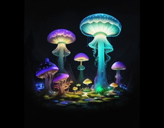 Jellyfish in Toadstool Forest, Beatrix Potter Style
