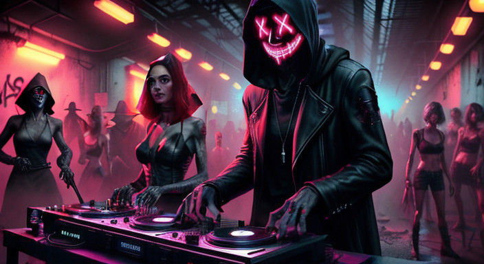 Epic Post-Apocalyptic Punk Band in Neon-Lit Warehouse