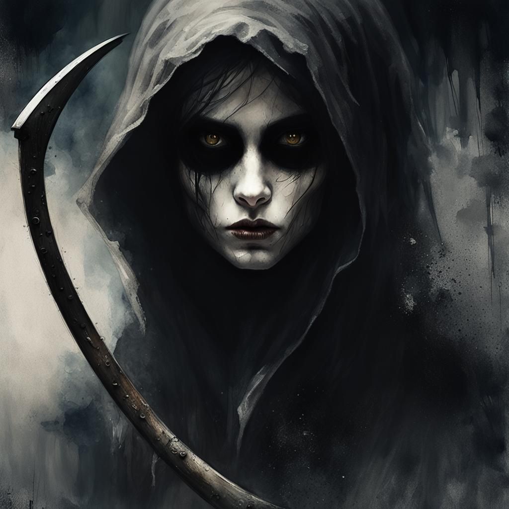 Female Grim Reaper Portrait with Watercolor Accents