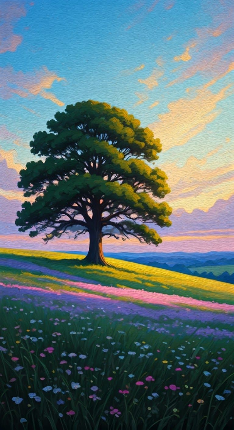Serene Neo-Impressionist Landscape with Oak Tree and Twiligh...