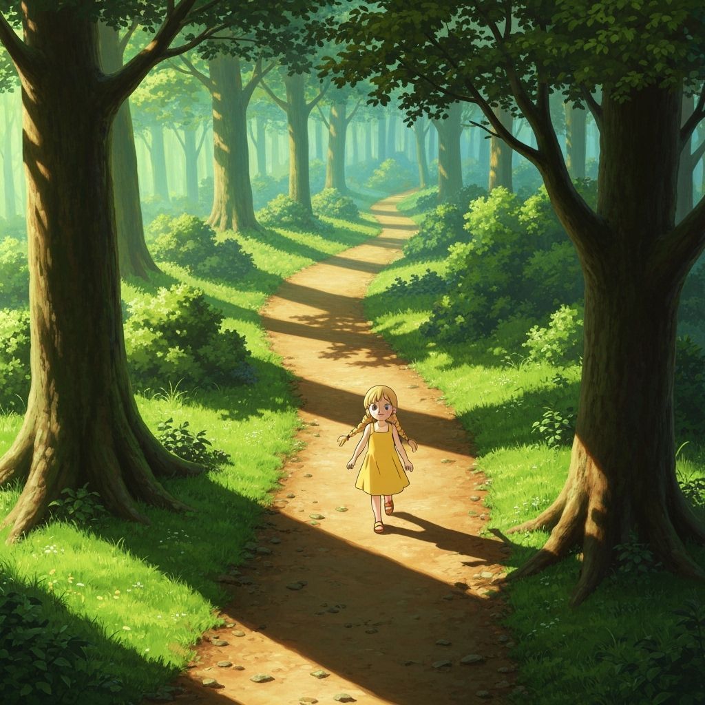 Girl in Forest Path: Whimsical Art Style