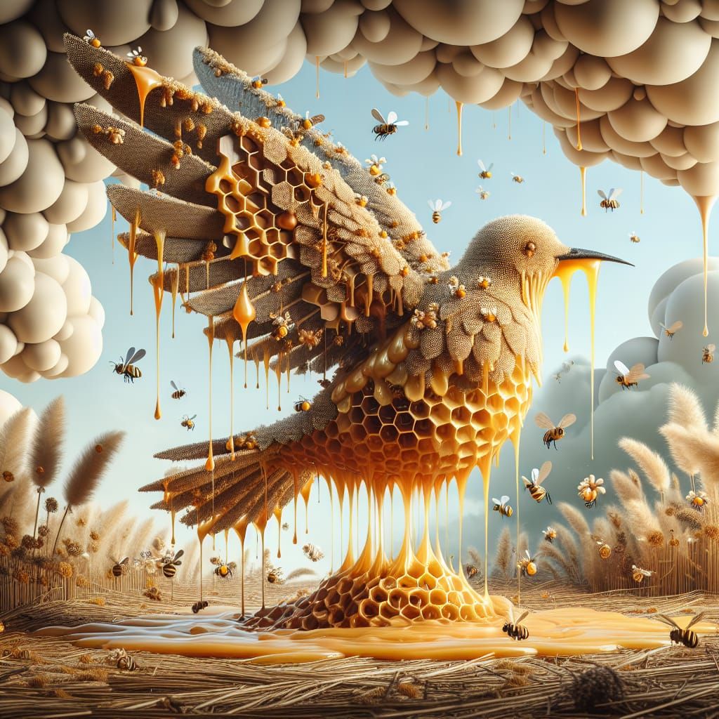 Honeycomb Bird Flapping Wings in Honeyed Landscape