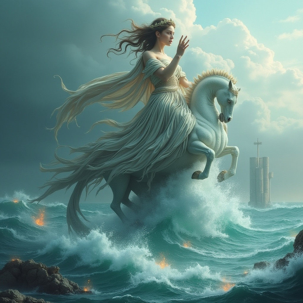 Greek Goddess Rides Seahorse in Ember Vortex