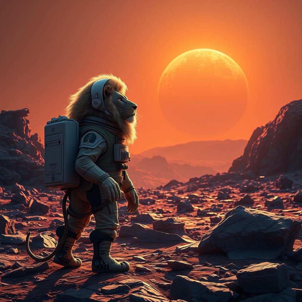 Lion in Spacesuit Gazing at Binary Sunset