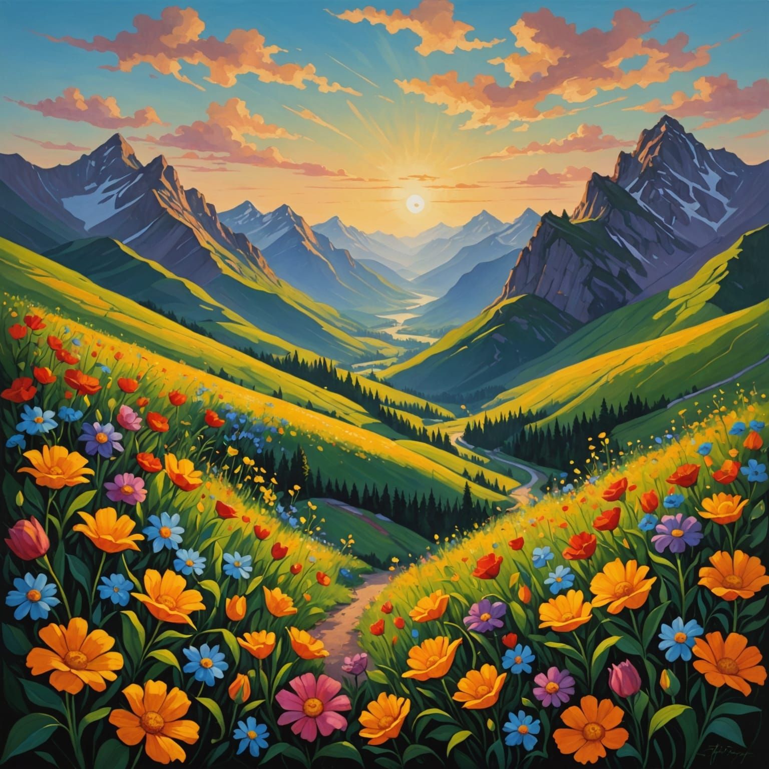 Colorful Cartoon Sunrise over Mountain, Oil Painting