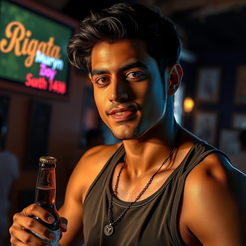 Attractive South Indian Man with Beer in Bar, Hyperrealistic...