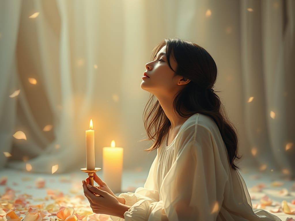 Woman in Golden Candlelight, Kneeling in Devotion