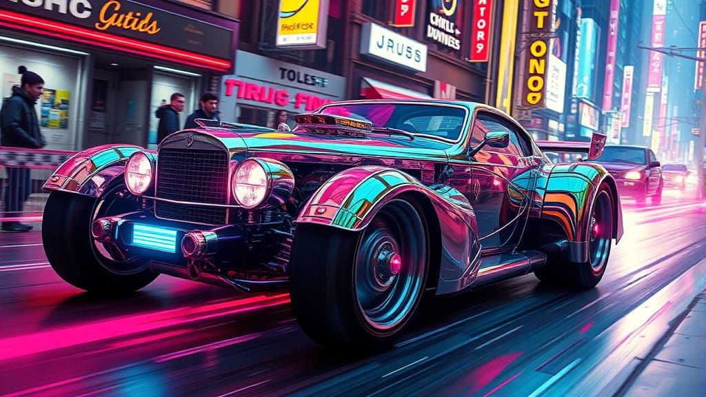 Cyberpunk Hot Rod Speeds Through Neon City Streets