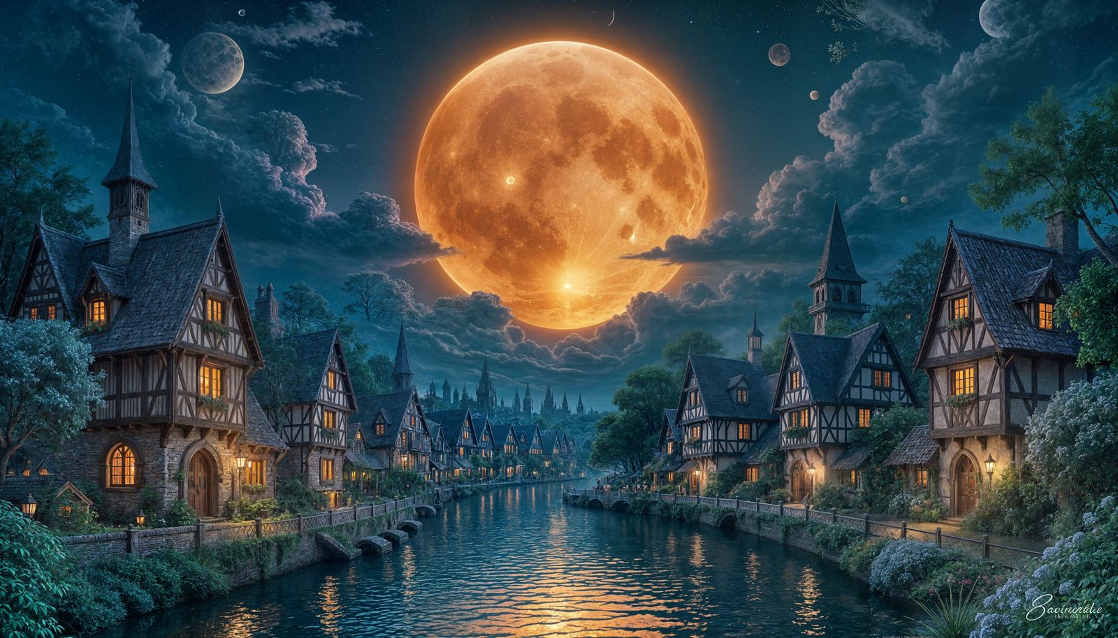 Fantasy Village Under Blood Moon, Cinematic Digital Painting