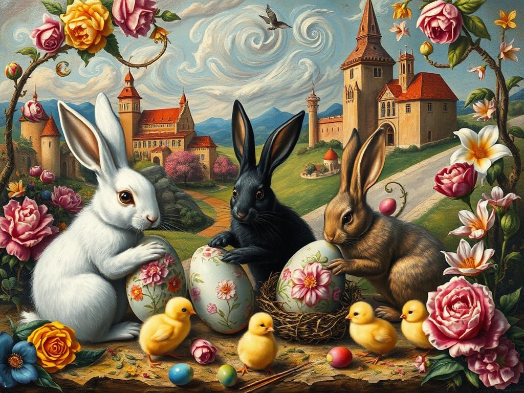 Renaissance Bunnies Painting Surreal Easter Eggs