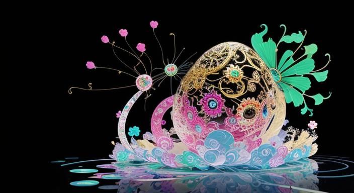 Gold Snake with Flowers in Murakami Style