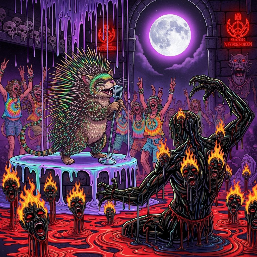 Psychedelic Porcupine-Cat Sings to Hippie Crowd