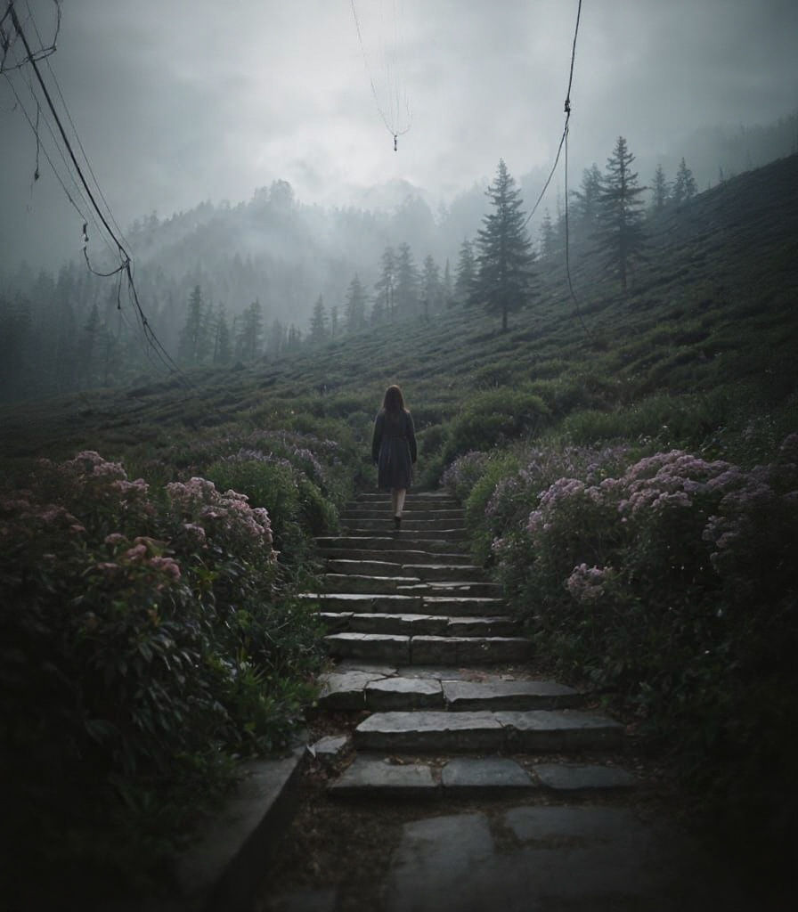 Dreamlike Figure Unraveling Threads on Misty Staircase