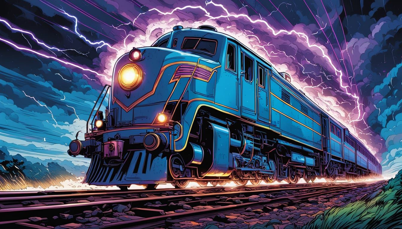 Time-Traveling Train Absorbing Lightning, in Comic Book Styl...