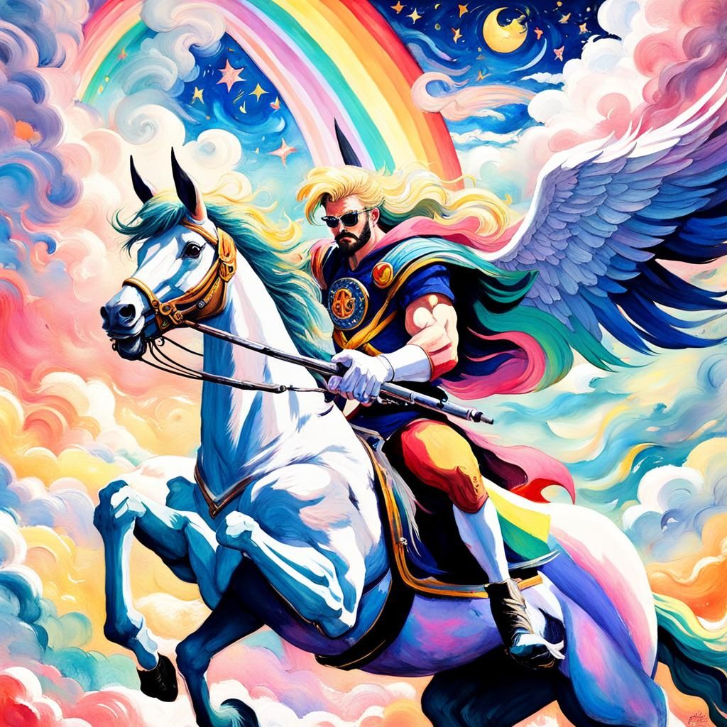 Macho Man Rides Pegasus in Gouache Style