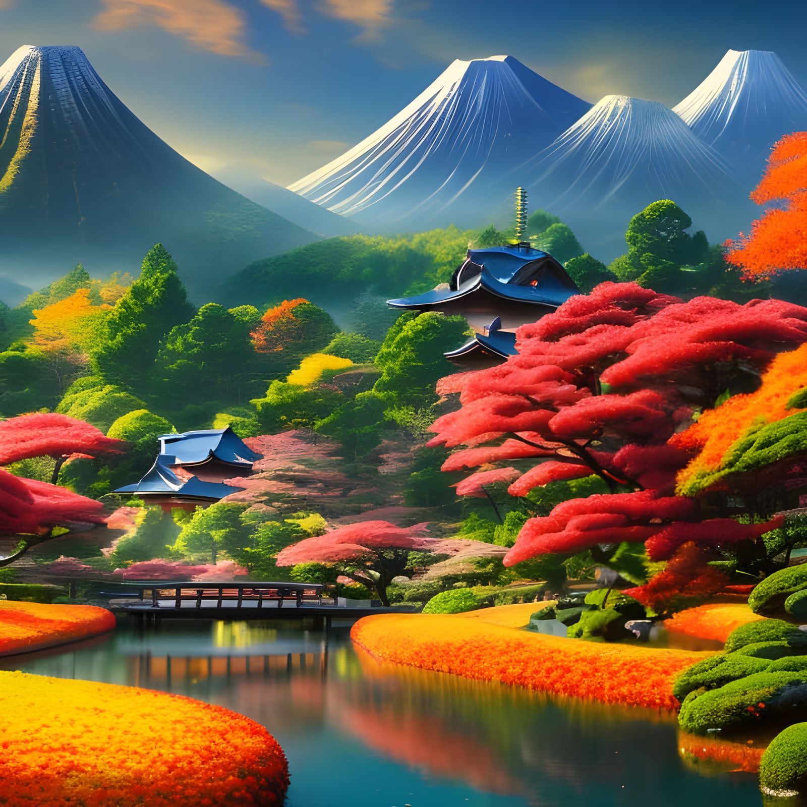 Vibrant Autumn Landscape in Japan: Matte Painting