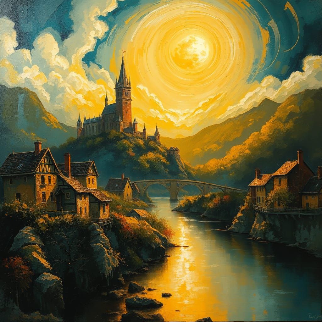 Dreamy River Village Castle Under Moon in Impressionistic St...