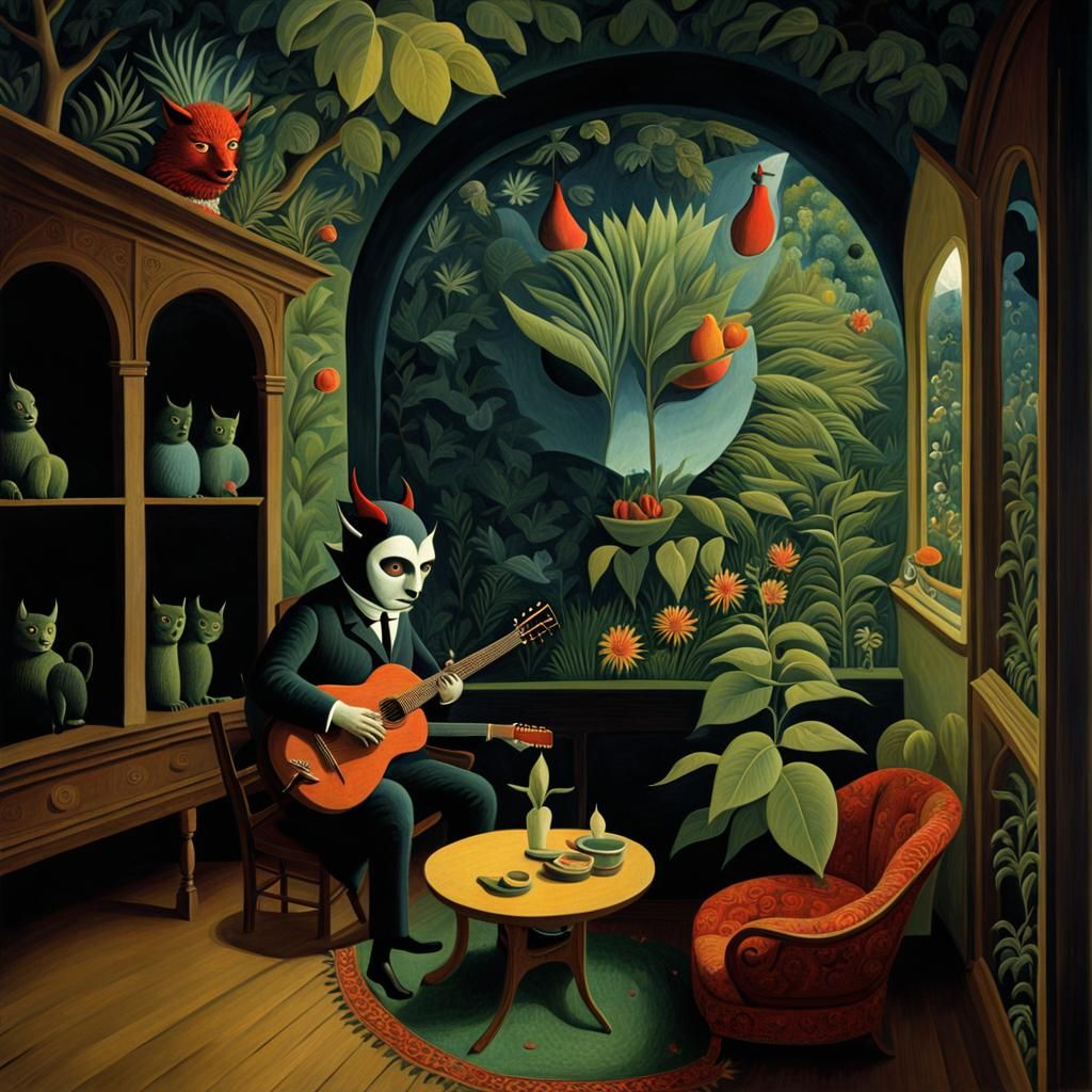 Devil Guitarist in Naive Art Style