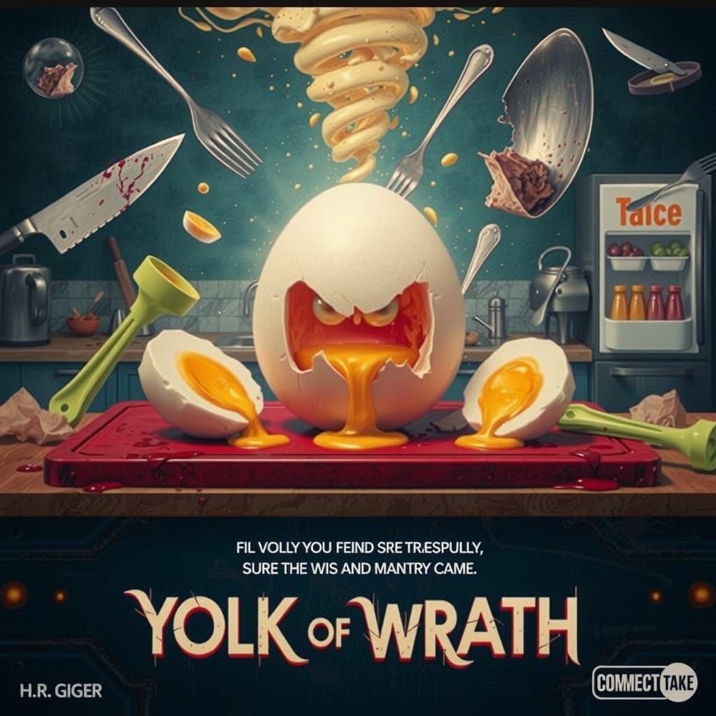 Giant Angry Egg on Cutting Board, Surrealist Style