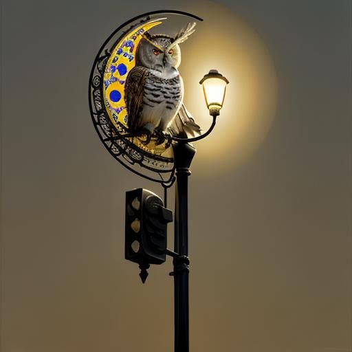 Futuristic Owl on Streetlamp in Pointillism Style