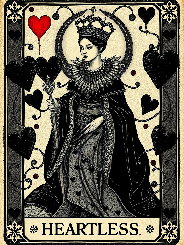 Heartless Black Queen Tarot Card in Folk Art Style