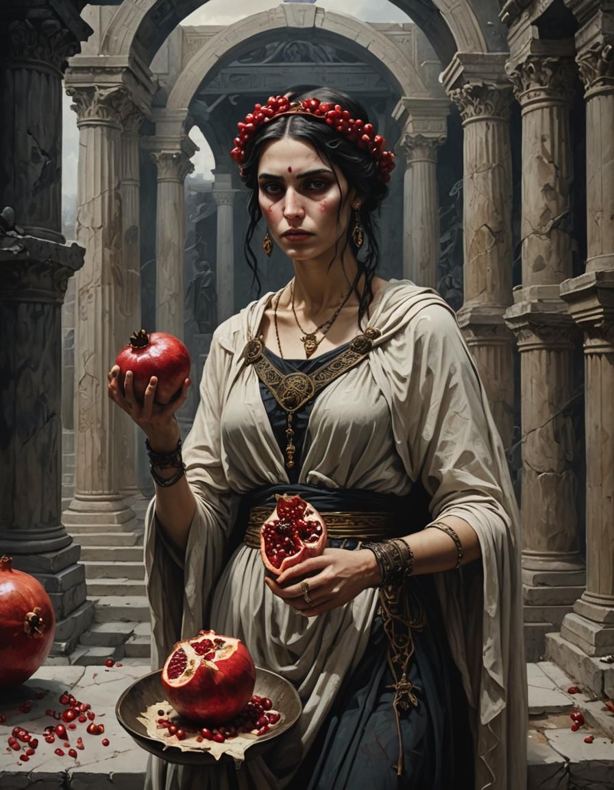 Gothic Persephone with Pomegranate in the Underworld