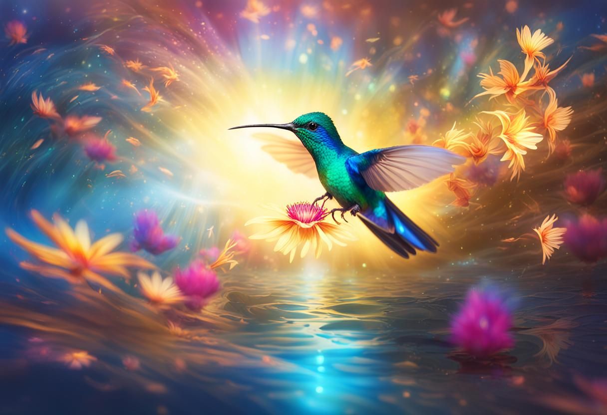 Hummingbird and Bioluminescent Flower, Digital Art