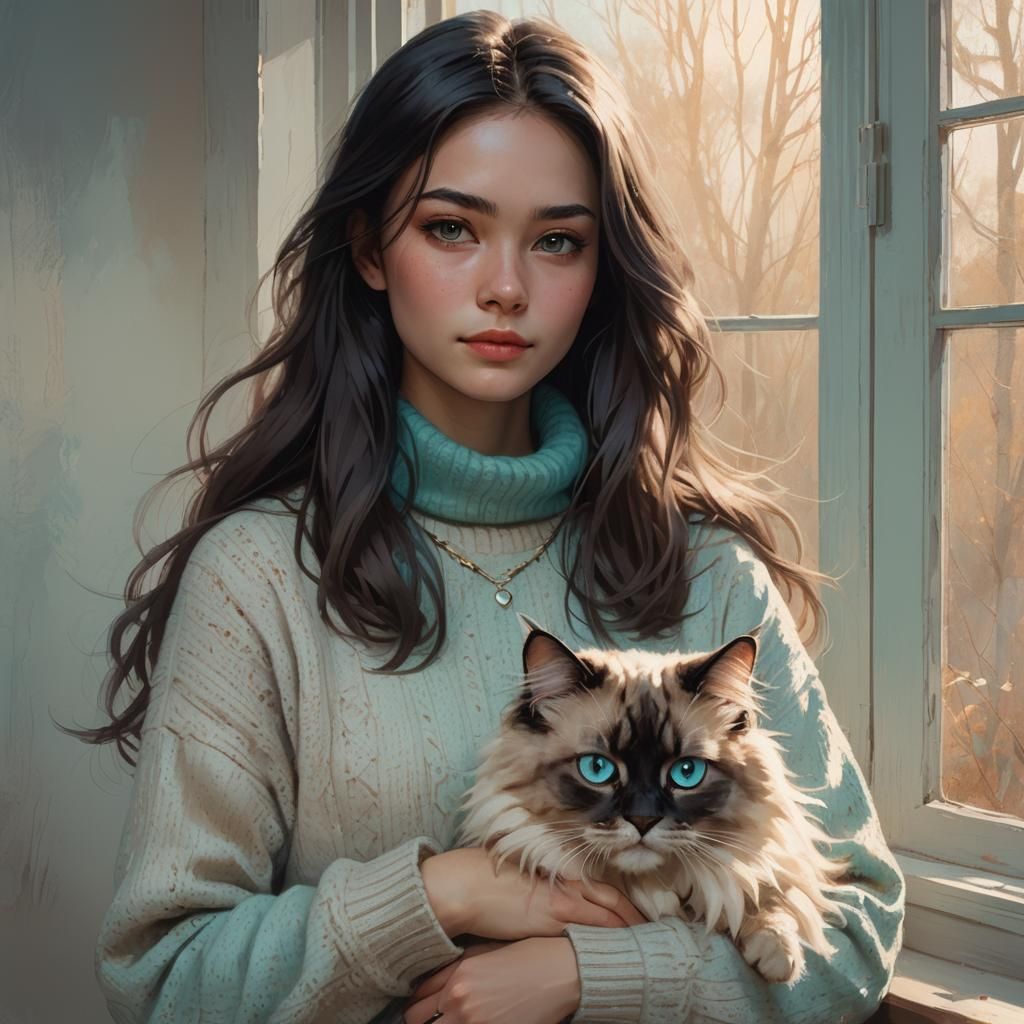 Girl with Cat Portrait in Detailed Digital Art Style