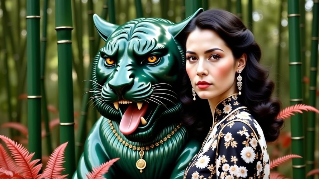 French Woman Beside Emerald Tiger Sculpture