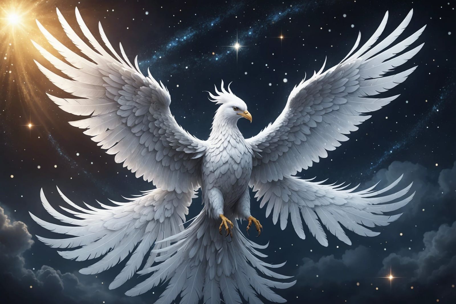 Ethereal White Phoenix Soaring in Starlight