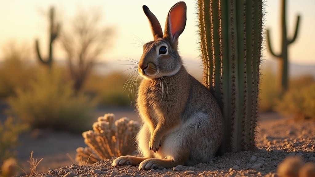 Jack Rabbit at Dawn Near Saguaro Cactus